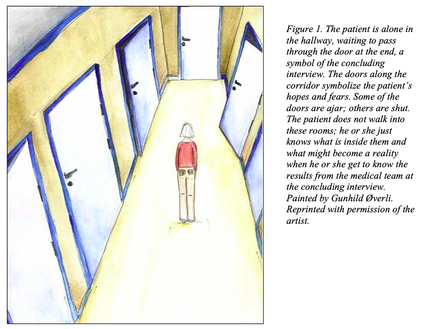 A hallway is depicted with a series of doors on either side, some of which are open and some are shut.  There is the figure of a person facing the final, closed door, at the end of the hall.