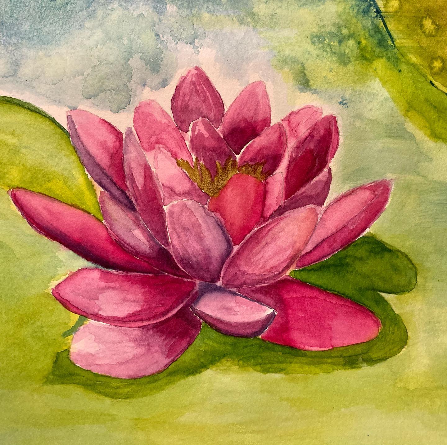 Watercolor painting of a bright pink water lily