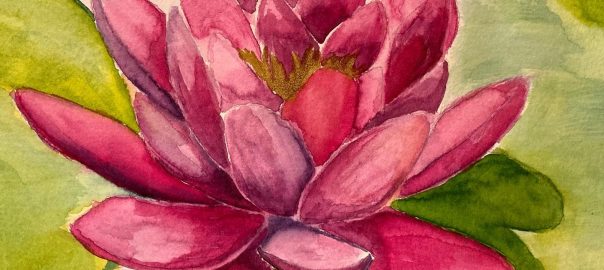 Watercolor painting of a bright pink water lily